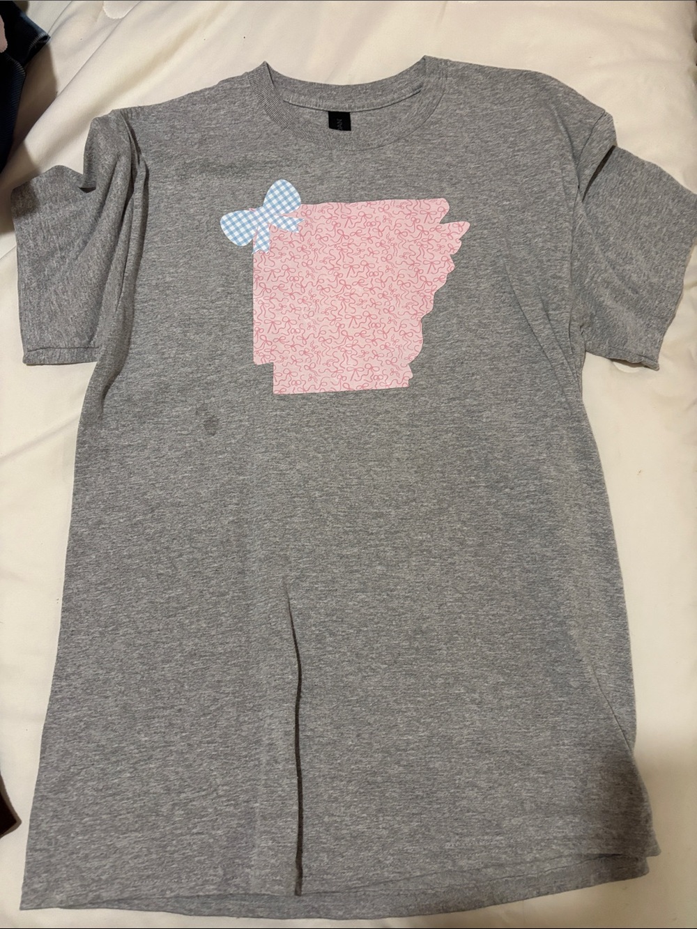 Gildan Gray Tee with Pink Pattern and Blue Bow Accent